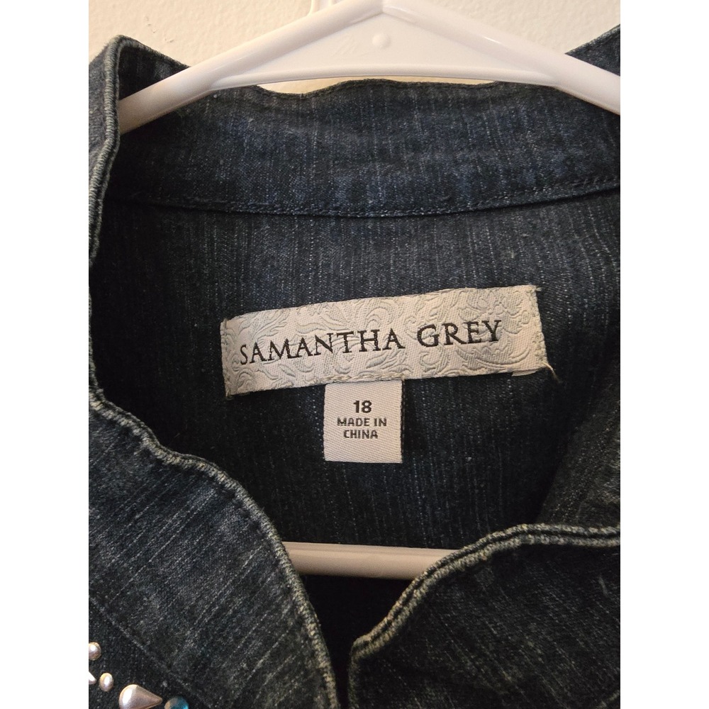 Samantha Grey Womens Dark Wash Embellished Rhinestone Zip Front Denim Jacket 18 - Picture 3 of 10